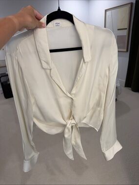 aritzia Ivory Tie-Front Satin Shirt